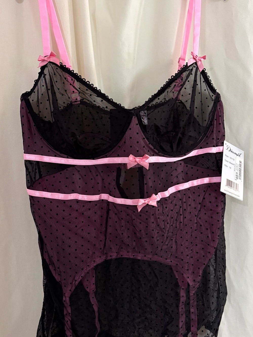 Dreamgirl Black and Pink Polka-Dot Mesh Chemise